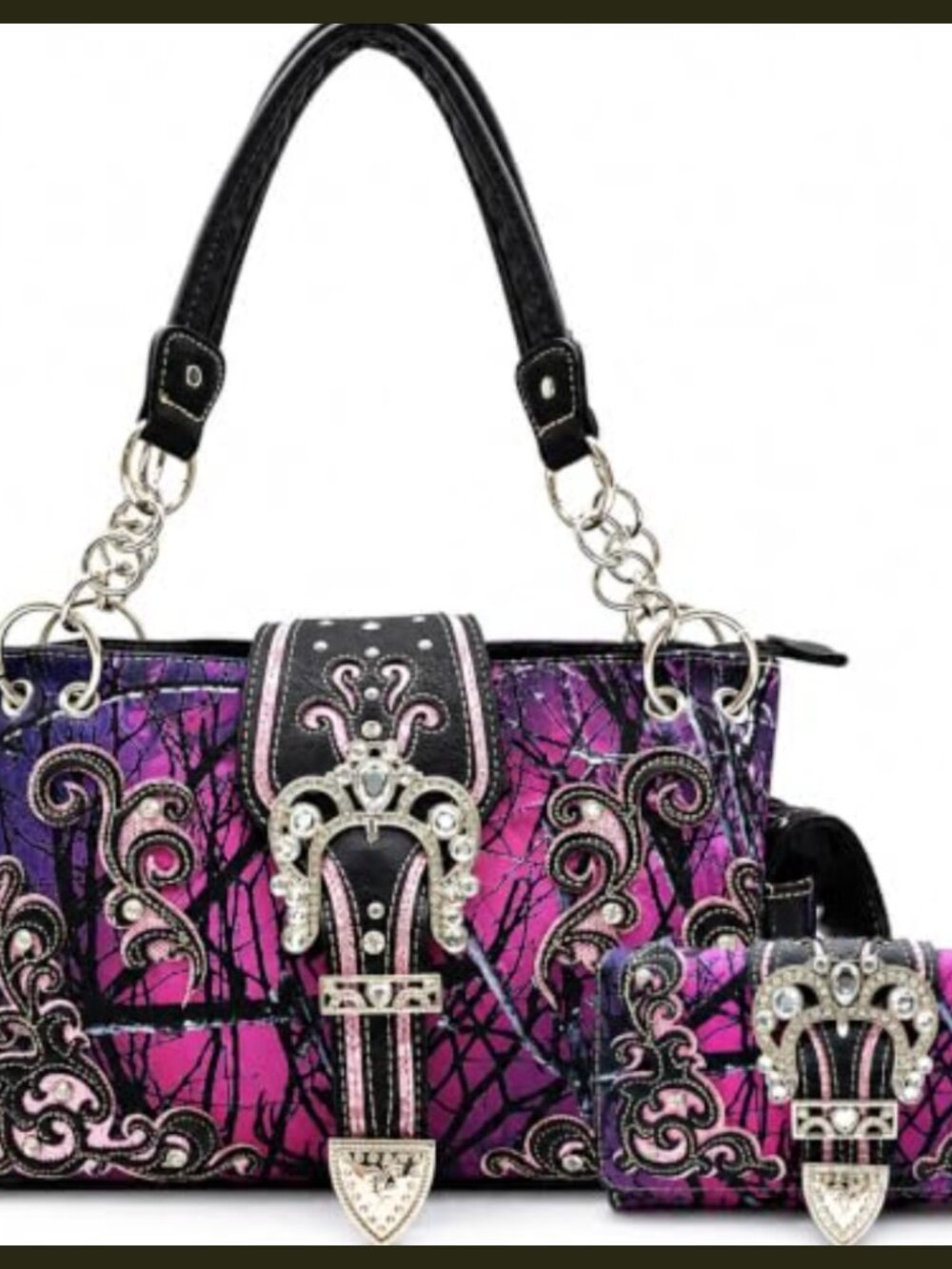 Women's Western Faux Leather Shoulder Handbag & Wallet Set with Concealed Carry